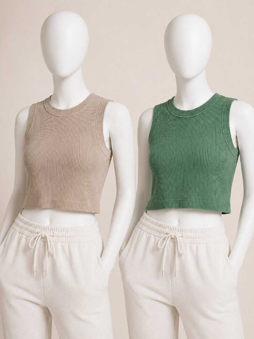 Zenana Ribbed Cropped Tank Bundle Size L/XL 1 in Green,‎ 1 in Beige NWOT